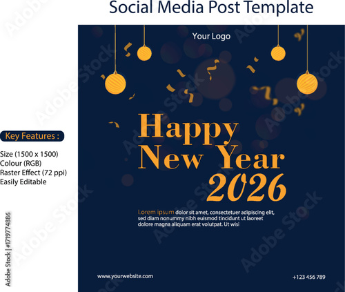 Social media post template happy new year 2026 digital marketing banner festive design vector