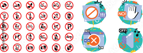Editable stroke outline icons set of prohibited forbidden restricted banned and warning signs isolated on transparent background flat vector illustration