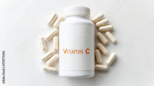 White plastic bottle of Vitamin C capsules on a white surface