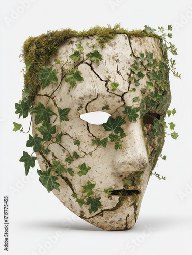 Nature and Art, Wooden Mask with Ivy, Environmental Symbol, Antique Theatrical Face Sculpture, Green Growth Concept
