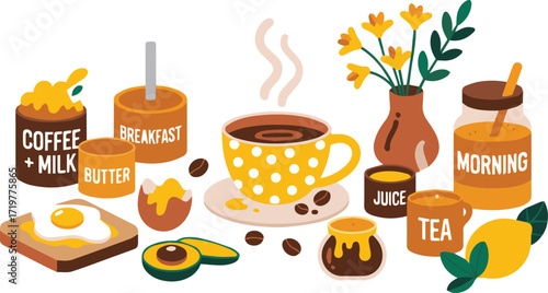 Vector art of a colorful breakfast and tea set