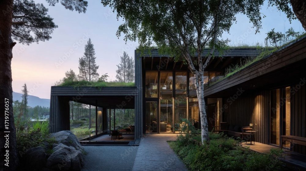Fototapeta premium Contemporary house blends with nature through large glass windows, wood paneling, and rooftop greenery,