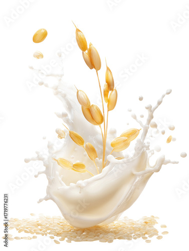 White Rice with Dramatic Milk Splash on Transparent Background