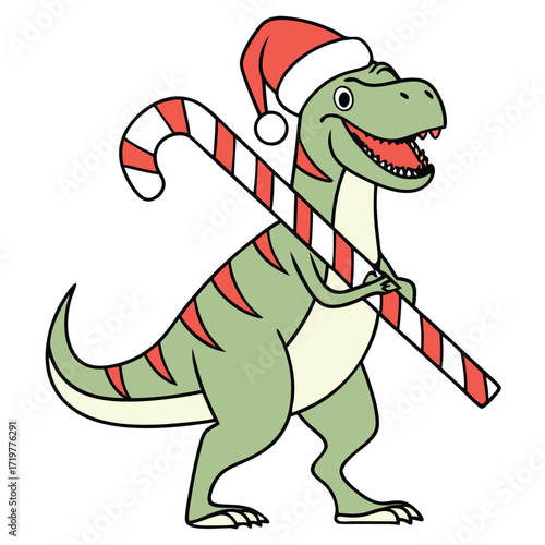 Happy cartoon t rex dinosaur wearing a santa hat holding a candy cane