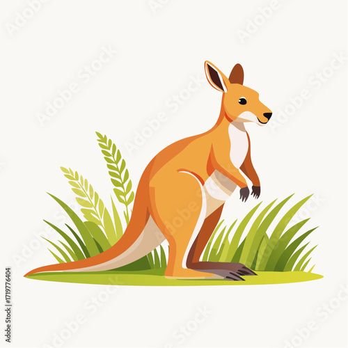 Adorable Kangaroo in Lush Australian Grassland Flat Vector Illustration