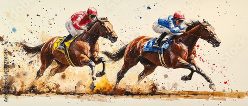Dynamic race: jockeys on racehorses in the heat of competition, a cloud of dust and the tension of the battle for victory, useful for articles about sports and extreme competitions.