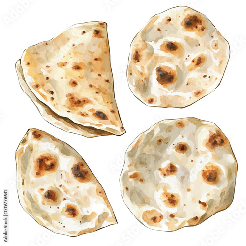 hand-drawn paint, Simple Illustration, A beautiful painting of flatbread set, EPS format, isolated on a white background, watercolor style, minimal yet artistic elements for creative designs.