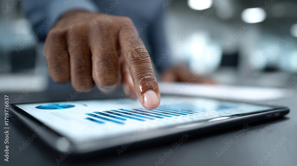 Fototapeta premium business professional uses a tablet to analyze graphs and data in a modern office environment. focus is on the finger interacting with the screen while sitting at a desk