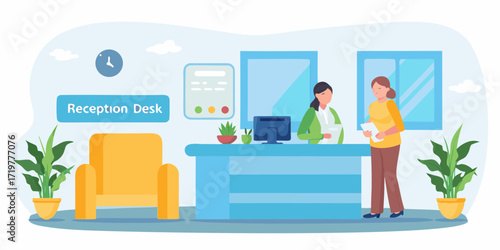 Friendly receptionist assists visitor at the modern office reception desk with plants and clock