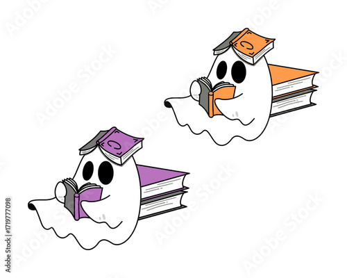 A pair of cute cartoon ghosts studying from books for Halloween, a whimsical vector illustration of spectral readers