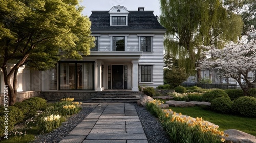 A two story residential building with light gray siding and symmetrically designed windows flanking either side of the e