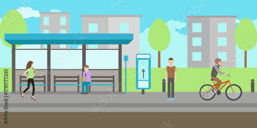 People waiting at a bus stop and a cyclist passing by in a modern city illustration