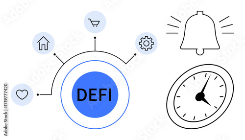 Centralized DEFI label surrounded by icons for home, shopping, settings, notifications, and time, symbolizing financial technology. Ideal for finance, fintech, investment decentralization