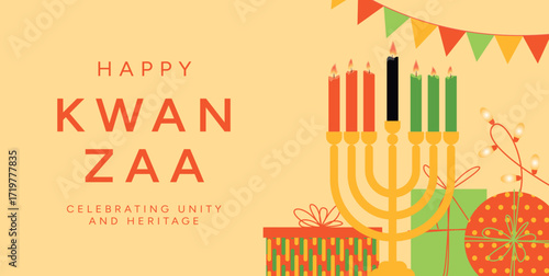 Happy Kwanzaa greeting card with Kinara holding red black green candles, holiday gifts, garlands and lights. Celebrating African heritage unity and culture. Flat vector illustration design