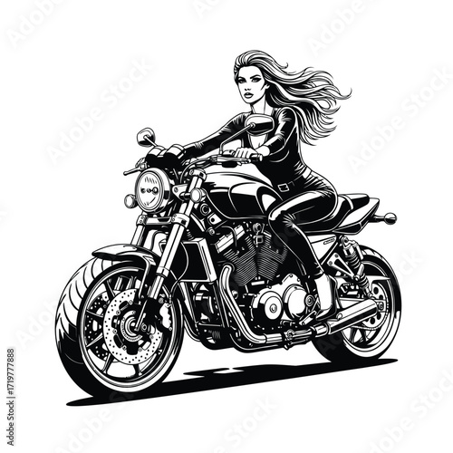 Vector art of woman riding a motorcycle, black and white illustration