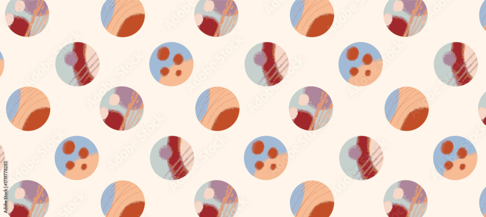 Fototapeta premium Seamless Pattern with Abstract Hand Drawn Circles. Soft Muted Earth Tones, Organic Brush Texture, Geometric Layout on Light Background. Vector Illustration for Textile, Decor, Stationery