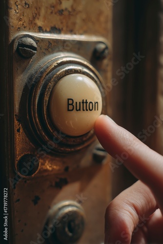 Vintage Doorbell, Finger Pressing Button, Retro Closeup, Old Brass Panel Detail, Concept of Action and Interaction