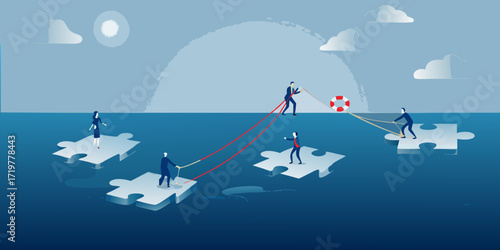 Teamwork and collaboration to connect puzzle pieces and save a lifebuoy in the ocean