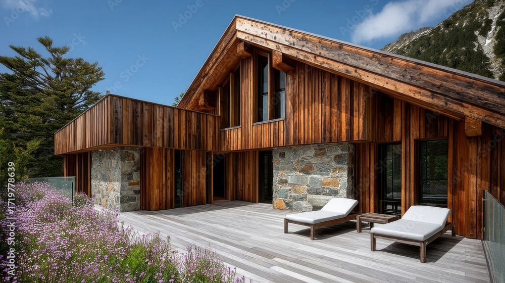 Fototapeta premium Elegant modern residential building with natural stone and wood materials,