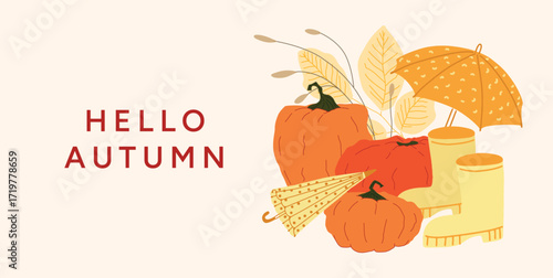 Hello Autumn greeting card with pumpkins, rubber boots, umbrella and autumn leaves. Fall season composition. Vector illustration for backgrounds, social media, cards and posters