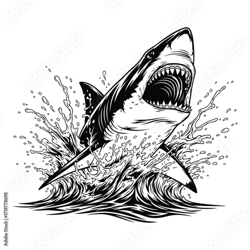 Vector art of great white shark breaching water