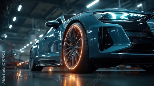 A futuristic, low-angle shot of a concept car with an illuminated wheel in a modern service bay. The image highlights the sleek design and glowing details of the tire and rim