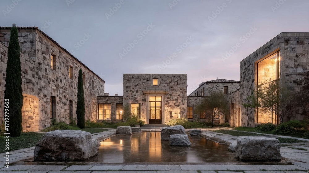 Obraz premium Twilight exterior of a modern rustic stone facade building with large illuminated windows, warm pathway lights,