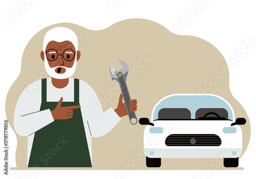 Auto mechanic in a car workshop near a white car. A man holds a wrench in his hand. Car repair concept. Poster, advertisement, banner.