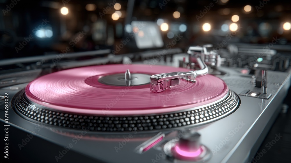 Obraz premium vibrant pink vinyl record spins on a sleek turntable in a dynamic music venue. warm lights reflect the energy of the night, creating an inviting atmosphere for music lovers