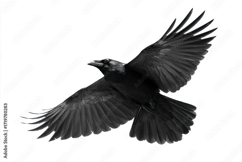 Obraz premium Black Crow Flying in White Sky
