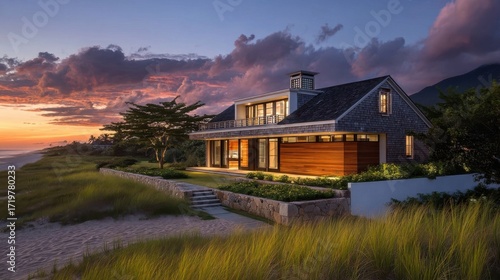 A modern beach house at twilight with large glass windows, wooden paneling,