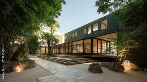 Modern architectural structure with large glass windows surrounded by lush greenery, dark wooden paneling,