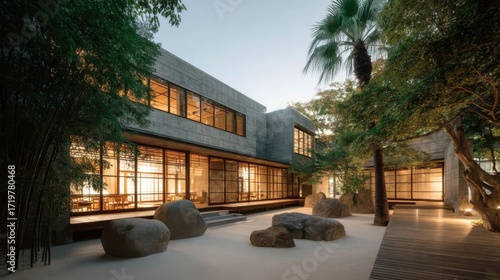 A two story modern building with large glass windows and sliding doors features grey concrete construction illuminated b