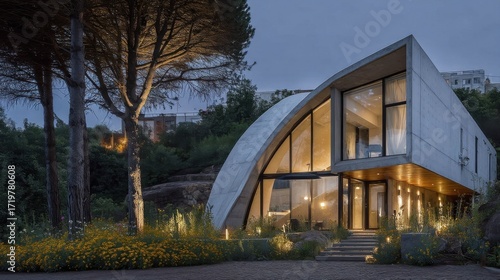 Modern architectural structure with arched windows surrounded by lush greenery at dusk or dawn, featuring glass panels,