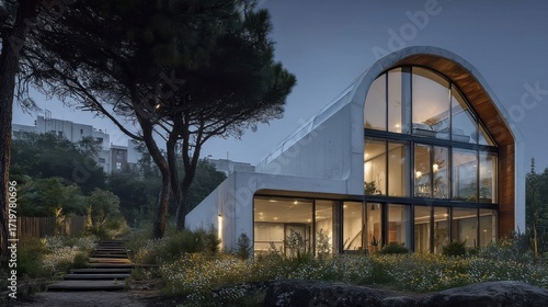 Modern residential building with large glass windows and curved translucent roof section,