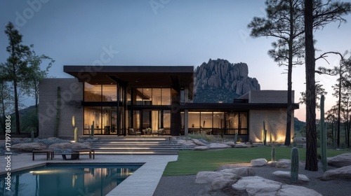 A modern residential building with large glass windows stands beside a swimming pool, surrounded by cacti, rocks, trees,
