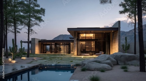 An elegant modern house illuminated from within during the serene moments of dawn or dusk,