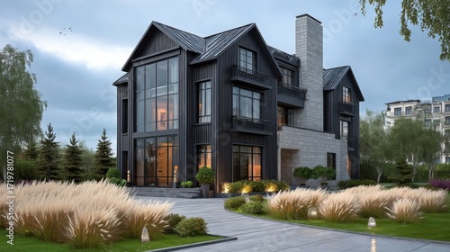 Modern two-story residential house with dark facade featuring black wooden panels and gray stone accents, gabled roofs,