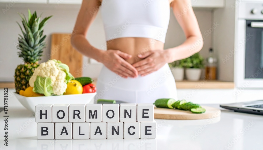 The phrase ‘Hormone Balance’ spelled out on white cubes in the foreground, with a fit, healthy woman standing behind; symbolizing the concept of achieving hormonal balance through nutrition