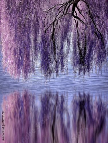 Purple willow tree branches reflected in tranquil water
