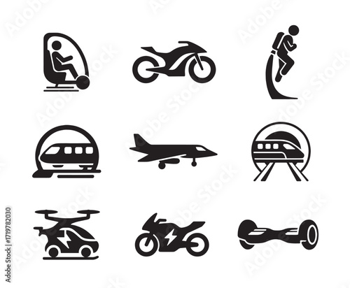 bundle of futuristic transportation modes black silhouettes 