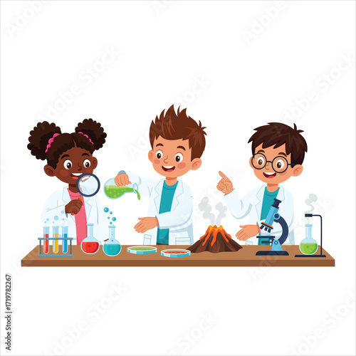 Flat Vector Kids Science Experiment – Little Scientists in Laboratory