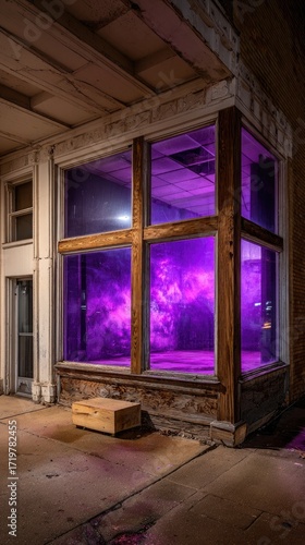 Purple lit store front at night