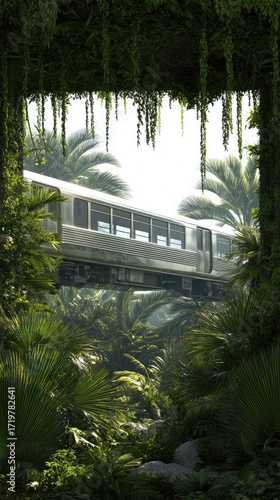 Train passing through lush jungle