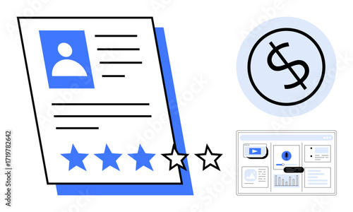 Candidate profile with photo and 4-star rating, dollar icon, and data analytics dashboard. Ideal for HR, hiring, employee evaluation, performance tracking, salary review finance management. Simple
