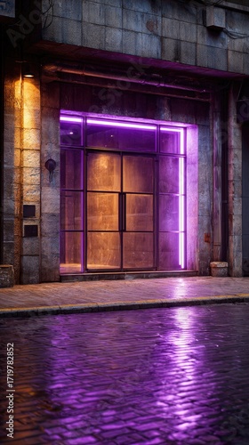 Purple neon lit storefront at night