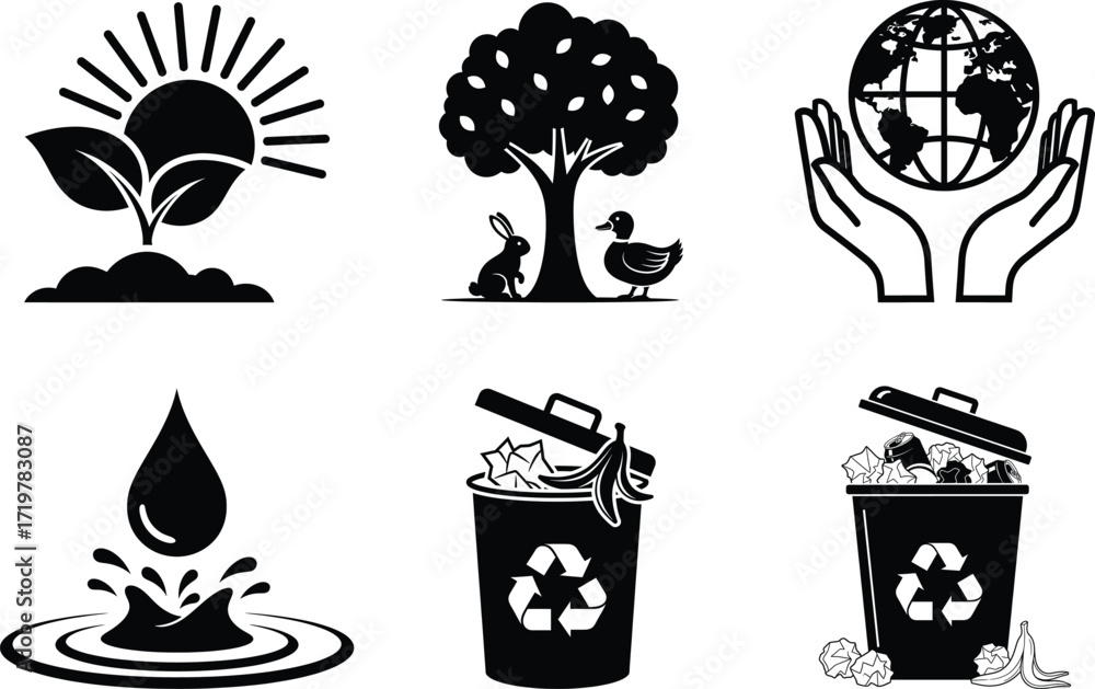 Fototapeta premium Six Vector art of collection of ecological icons representing sustainability and environmental care
