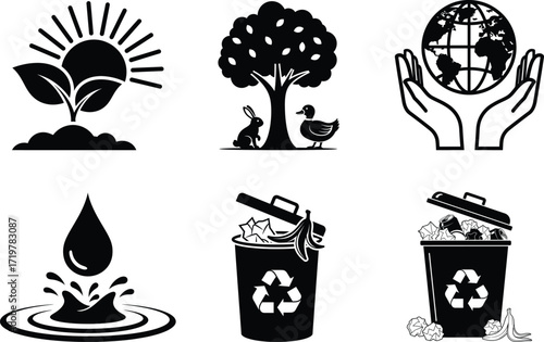 Six Vector art of collection of ecological icons representing sustainability and environmental care