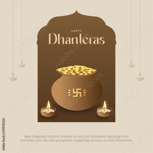 Happy Dhanteras Post and Greeting Card. Indian Festival of Lights and Akshaya Tritiya Celebration Creative Poster with Text Vector Illustration