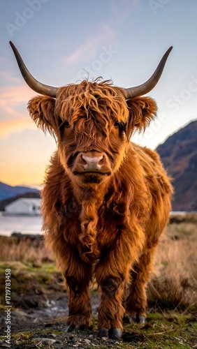 Highland cow in sunset landscape